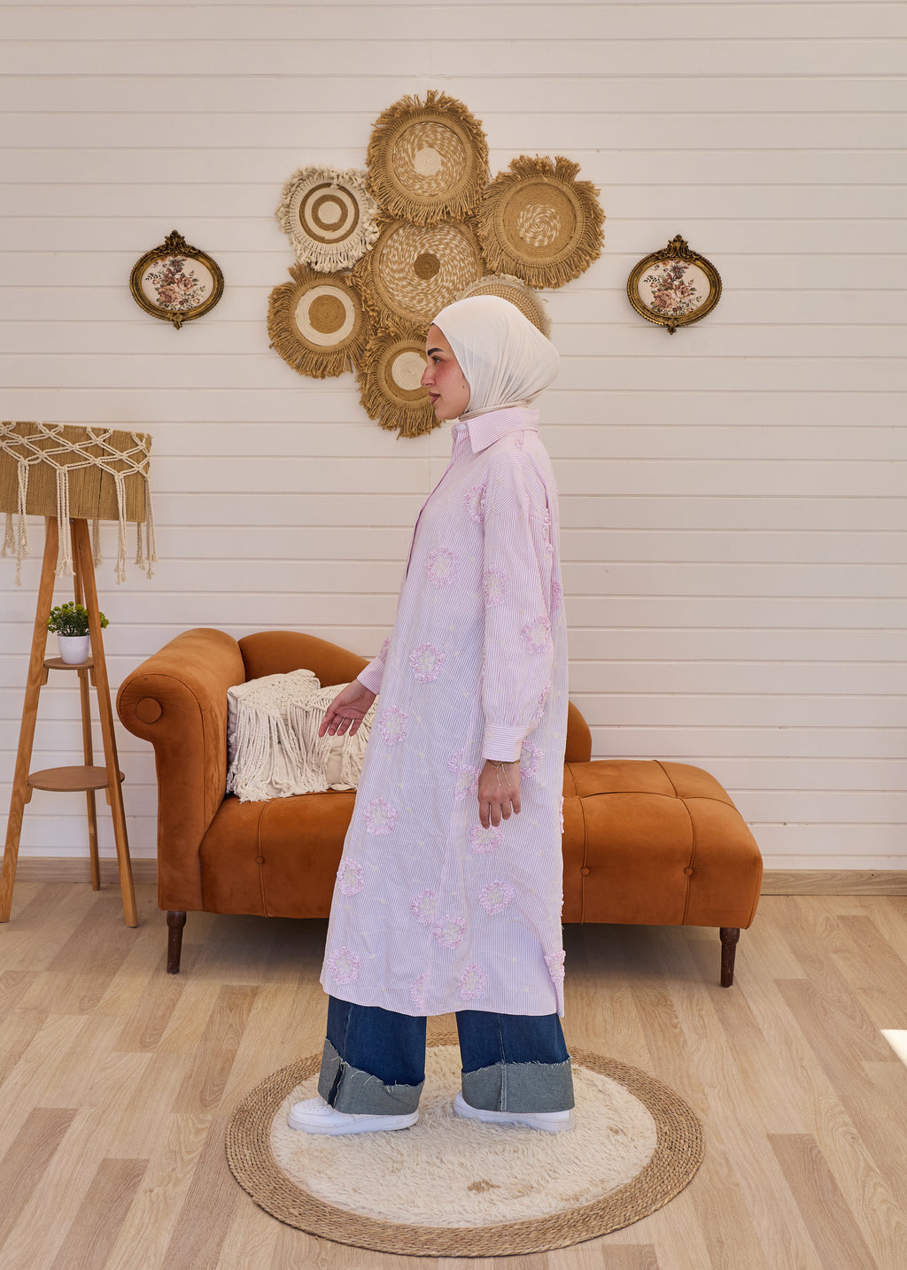 3D Floral Stripe Shirt Dress