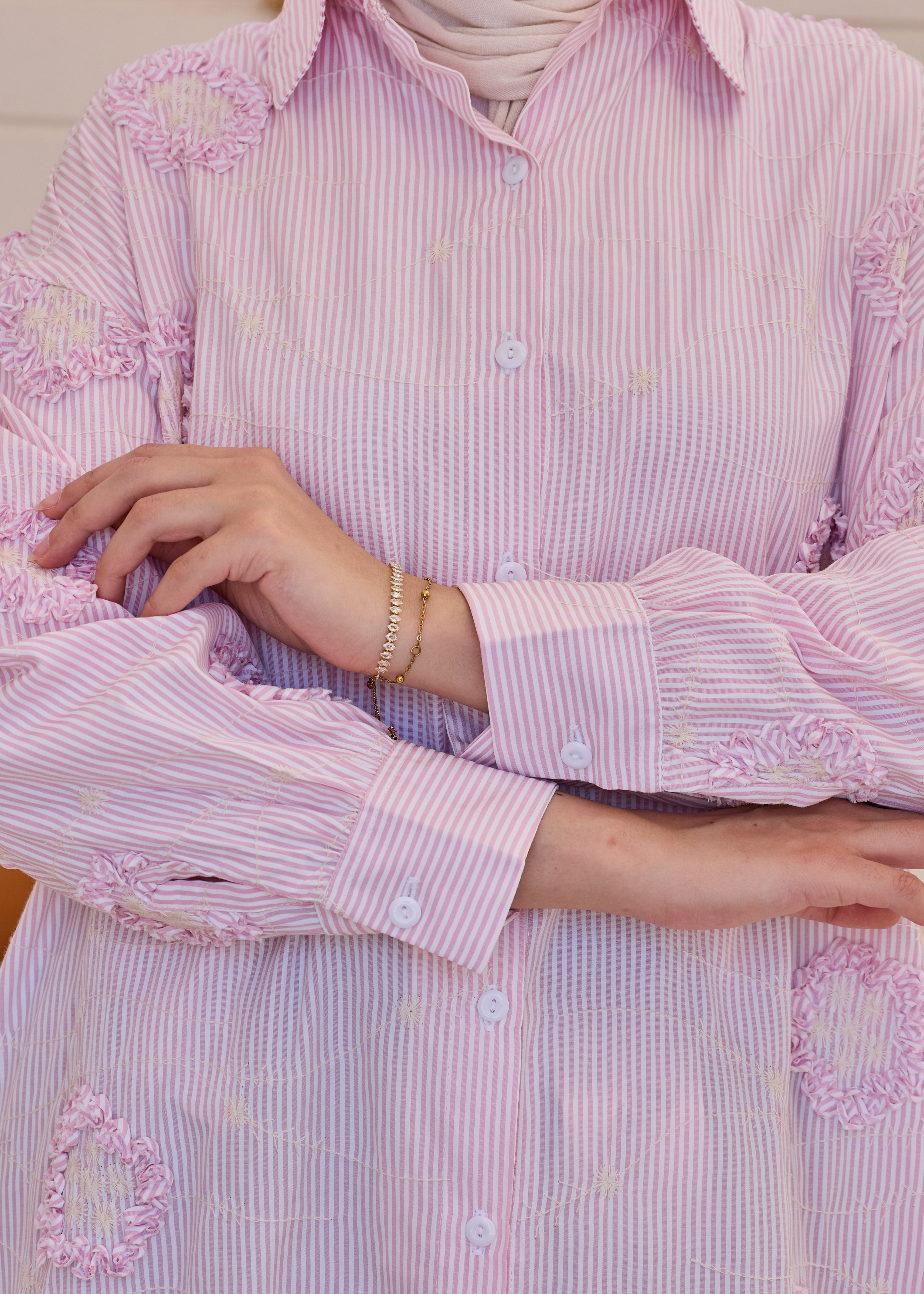 3D Floral Stripe Shirt Dress