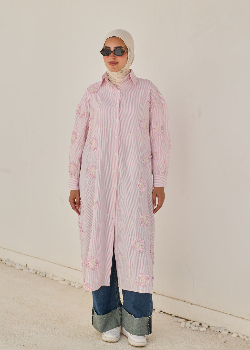 3D Floral Stripe Shirt Dress
