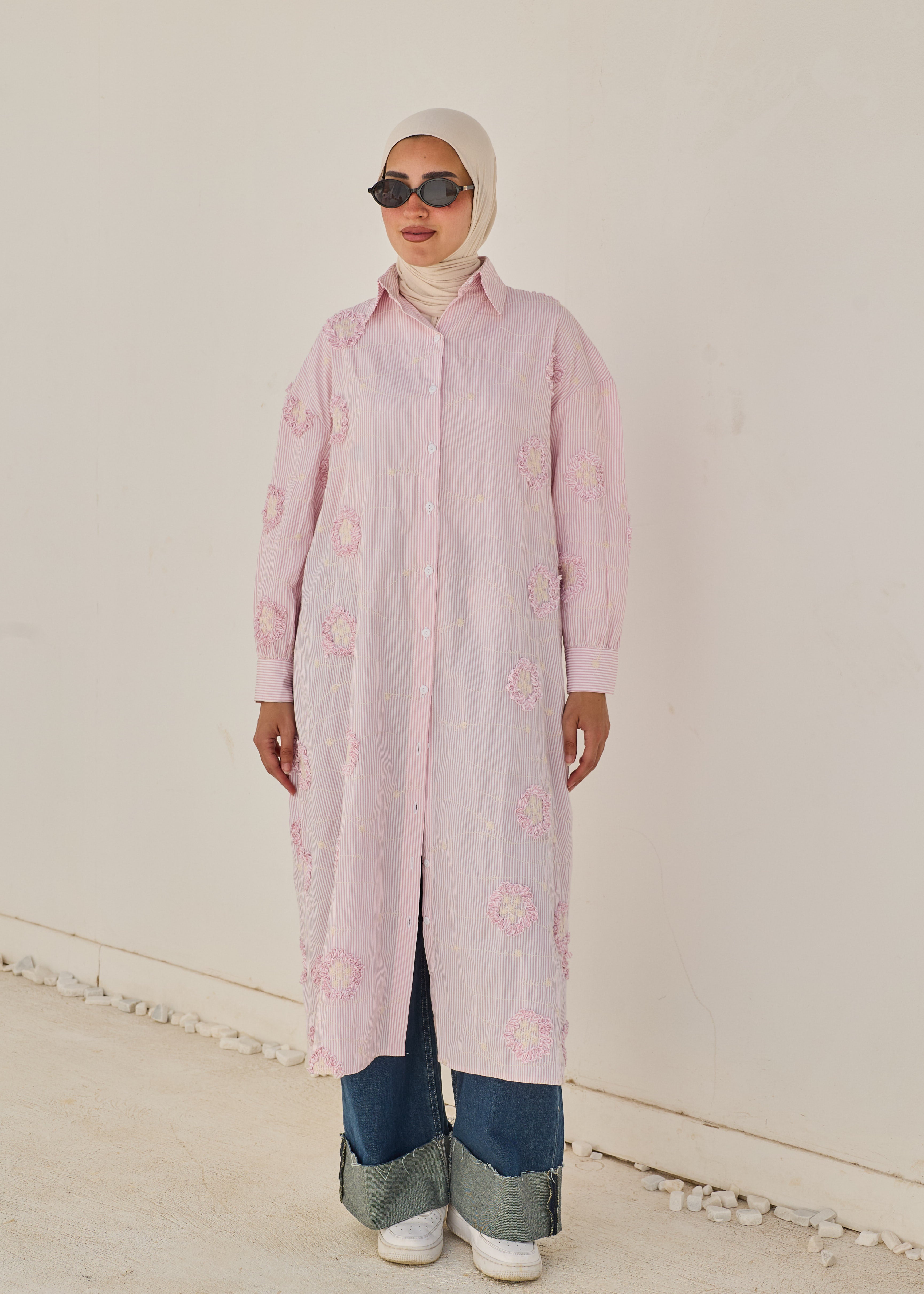3D Floral Stripe Shirt Dress