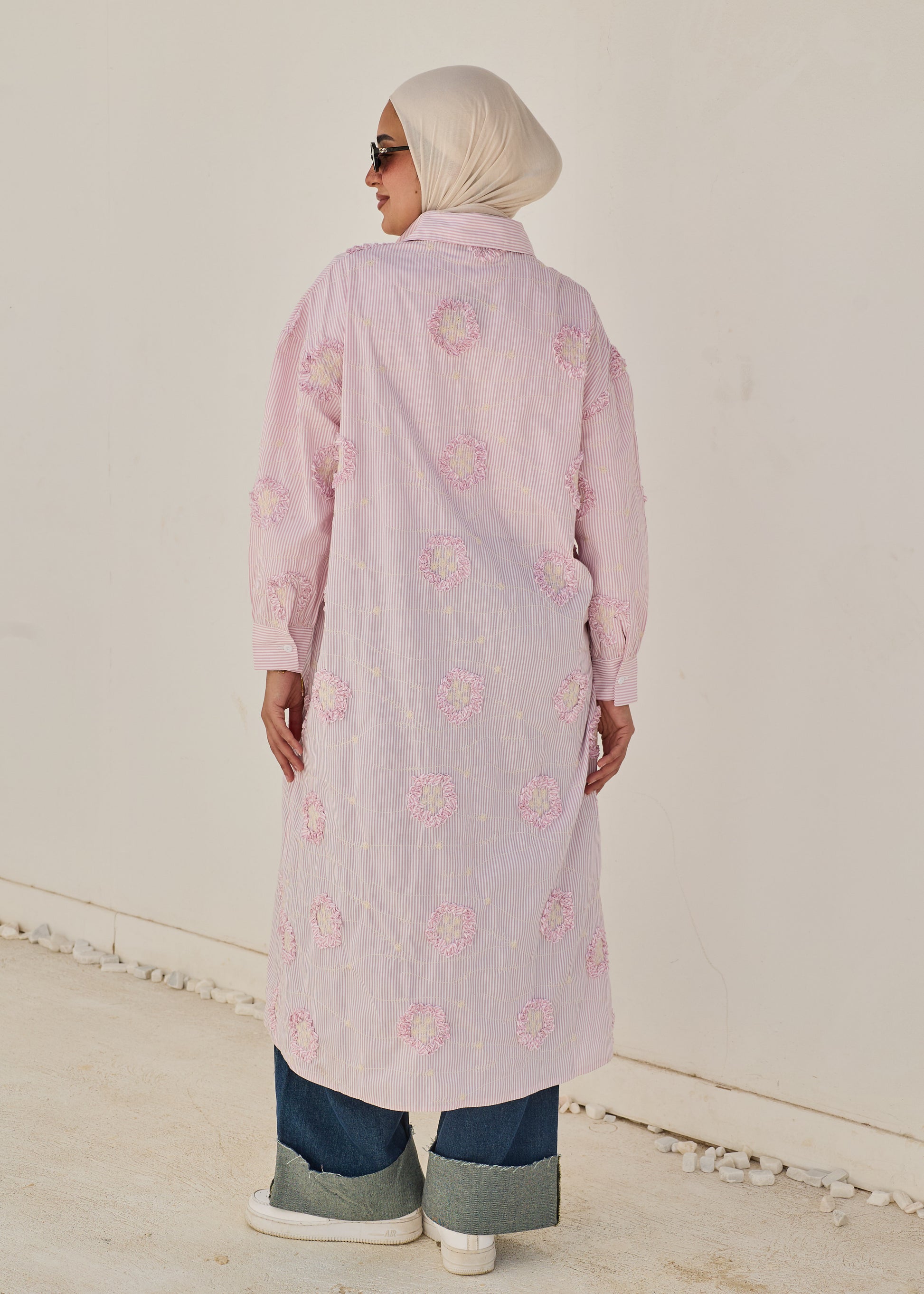 3D Floral Stripe Shirt Dress