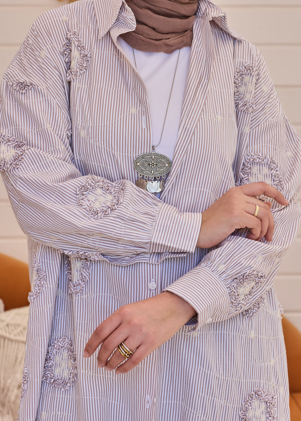3D Floral Stripe Shirt Dress