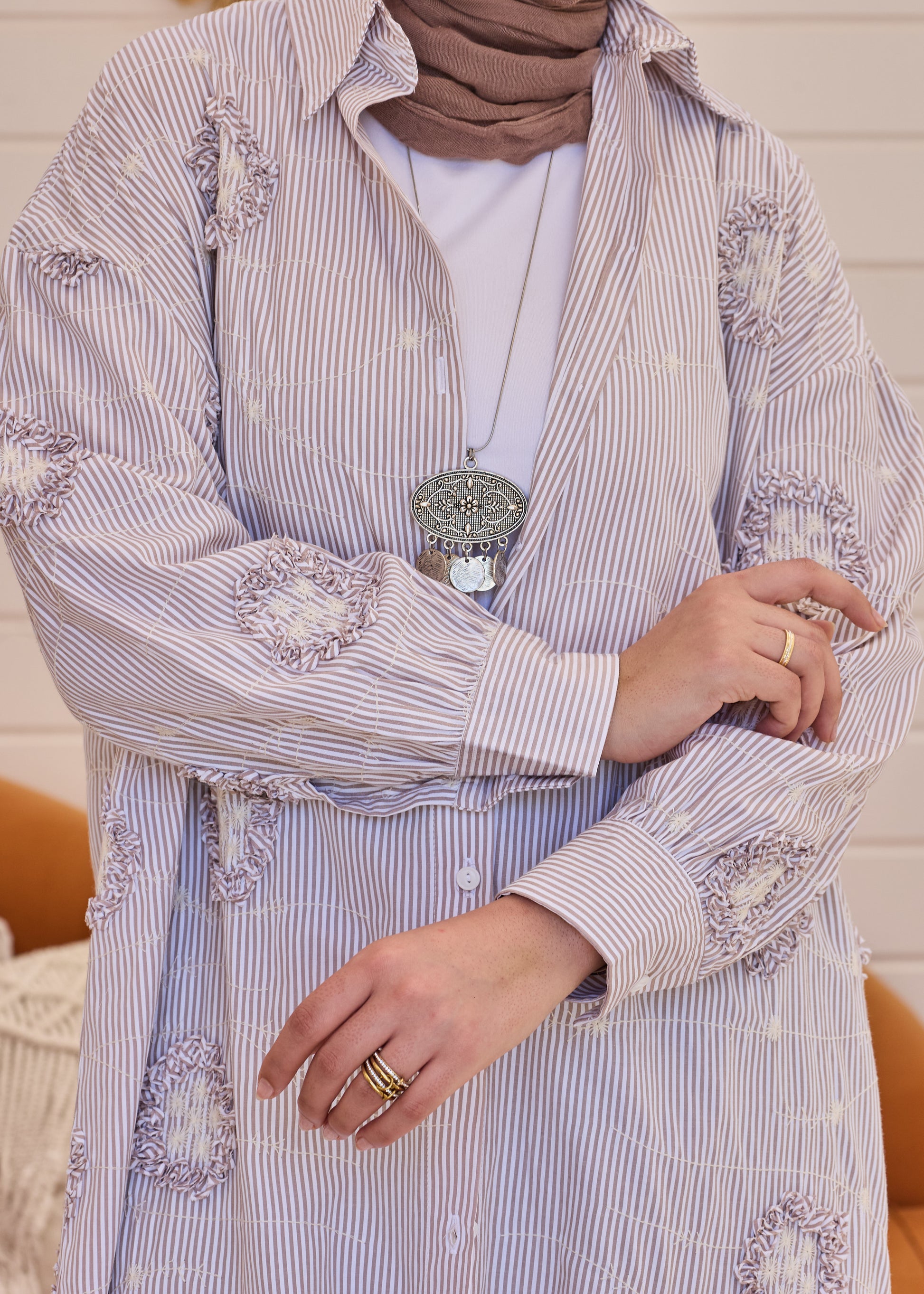 3D Floral Stripe Shirt Dress
