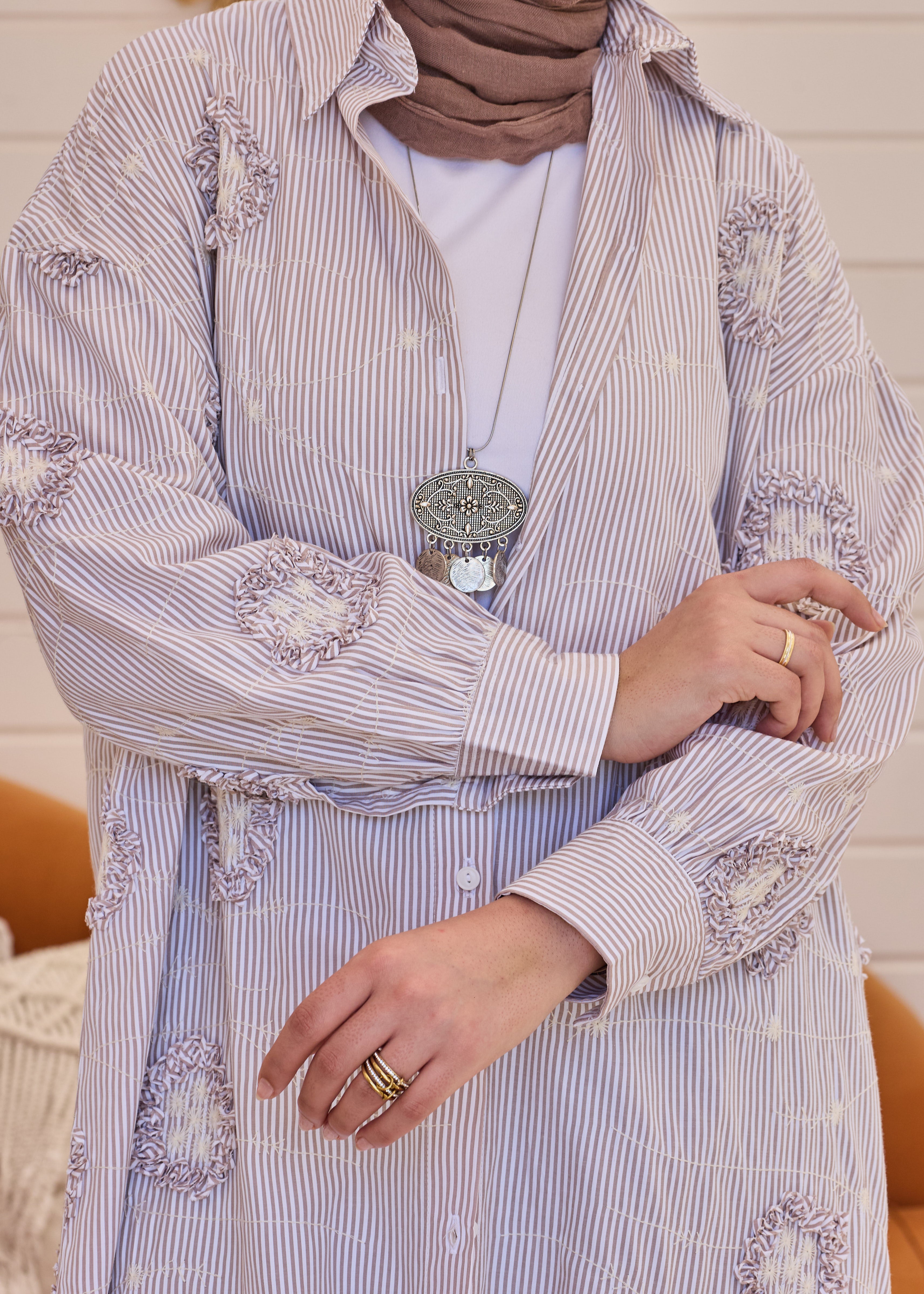 3D Floral Stripe Shirt Dress