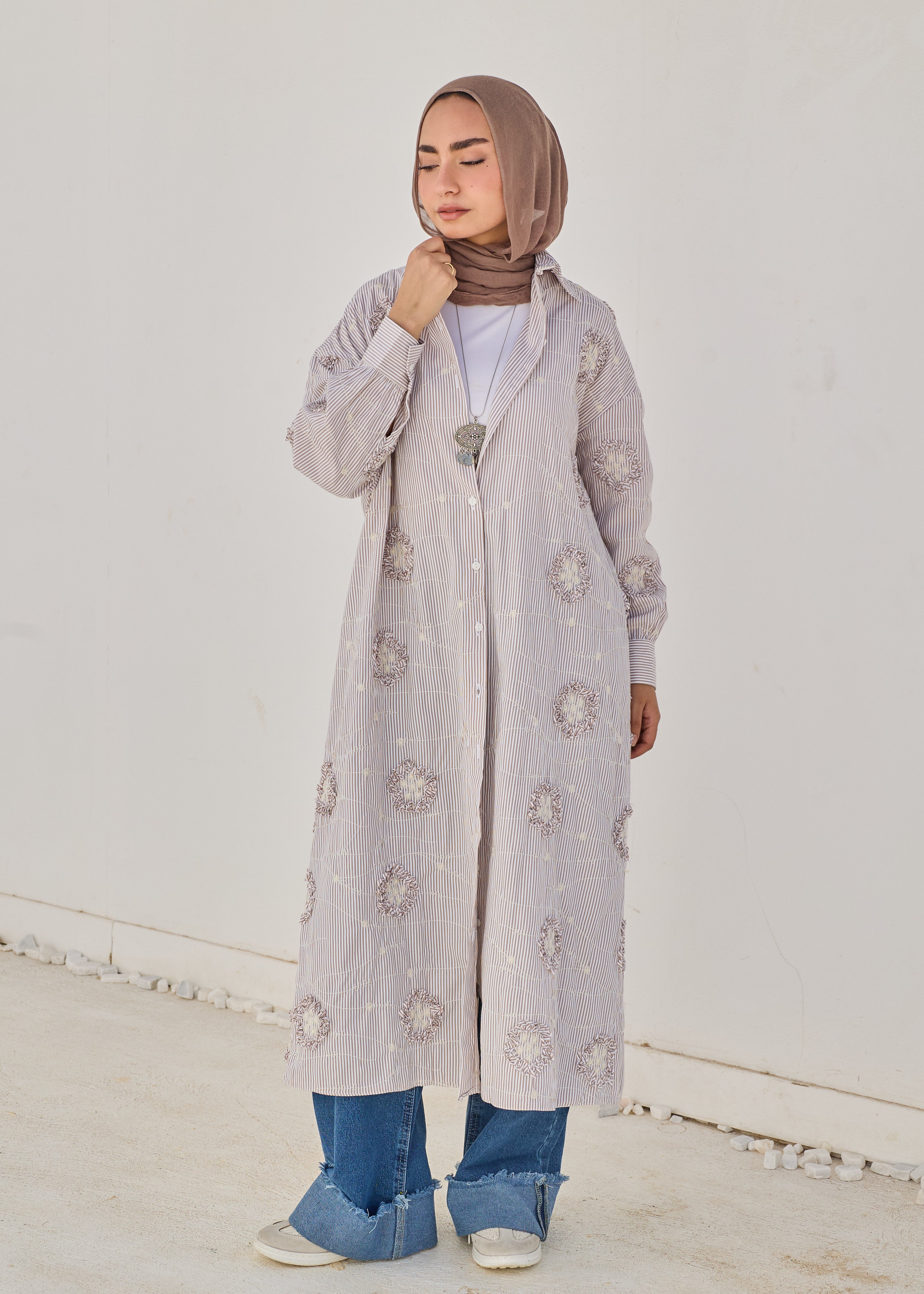 3D Floral Stripe Shirt Dress