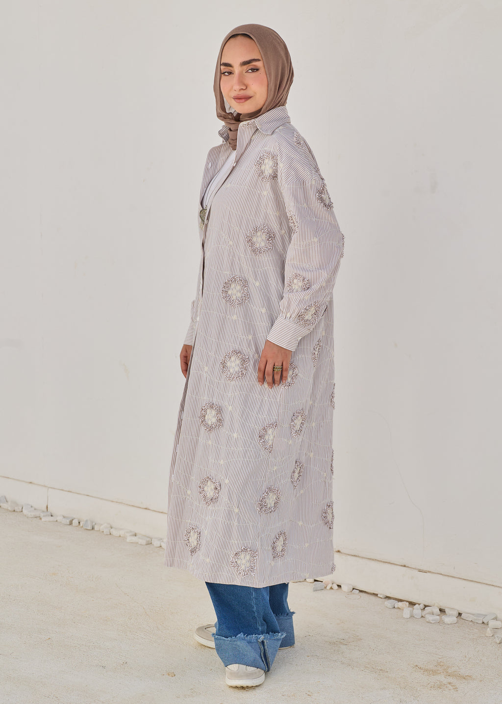 3D Floral Stripe Shirt Dress