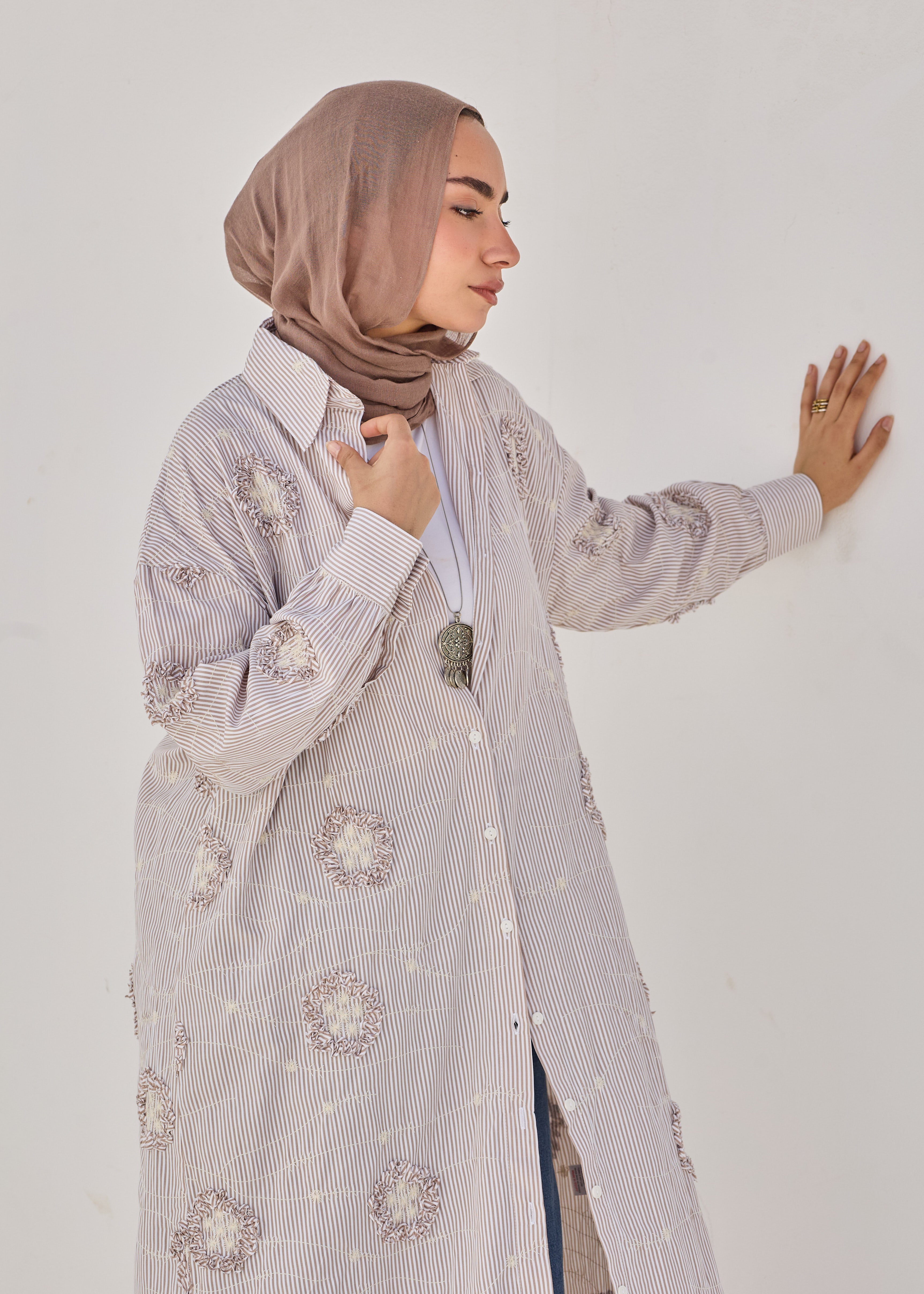 3D Floral Stripe Shirt Dress