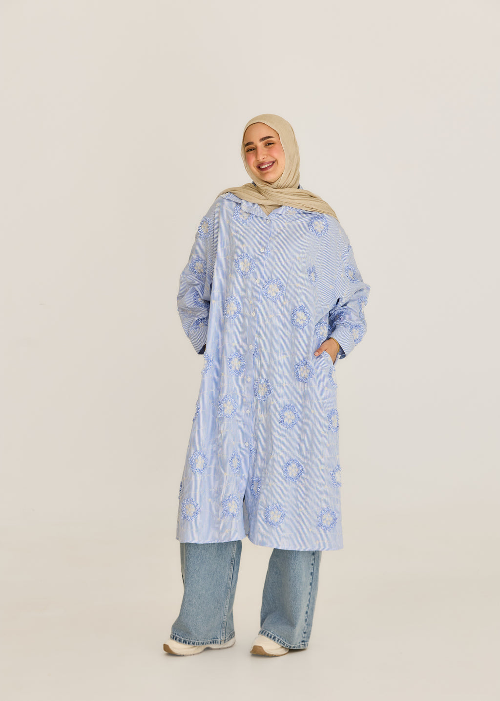 3D Floral Stripe Shirt Dress
