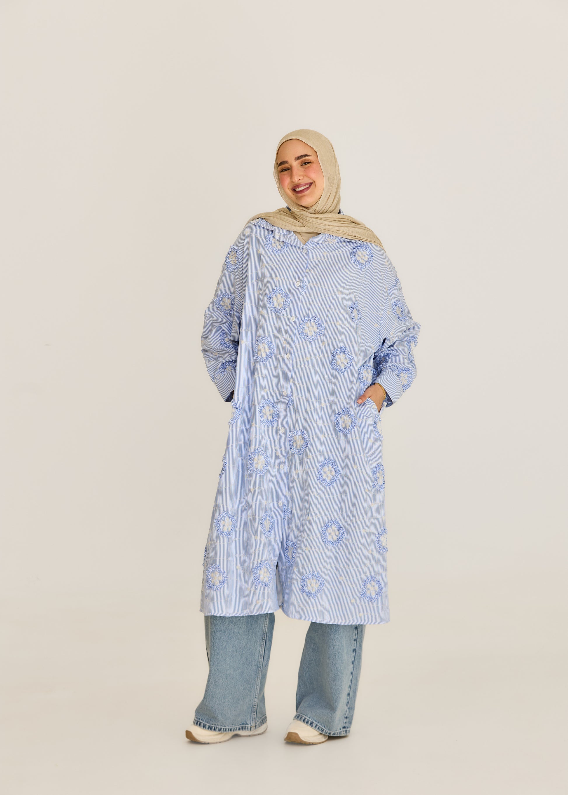 3D Floral Stripe Shirt Dress
