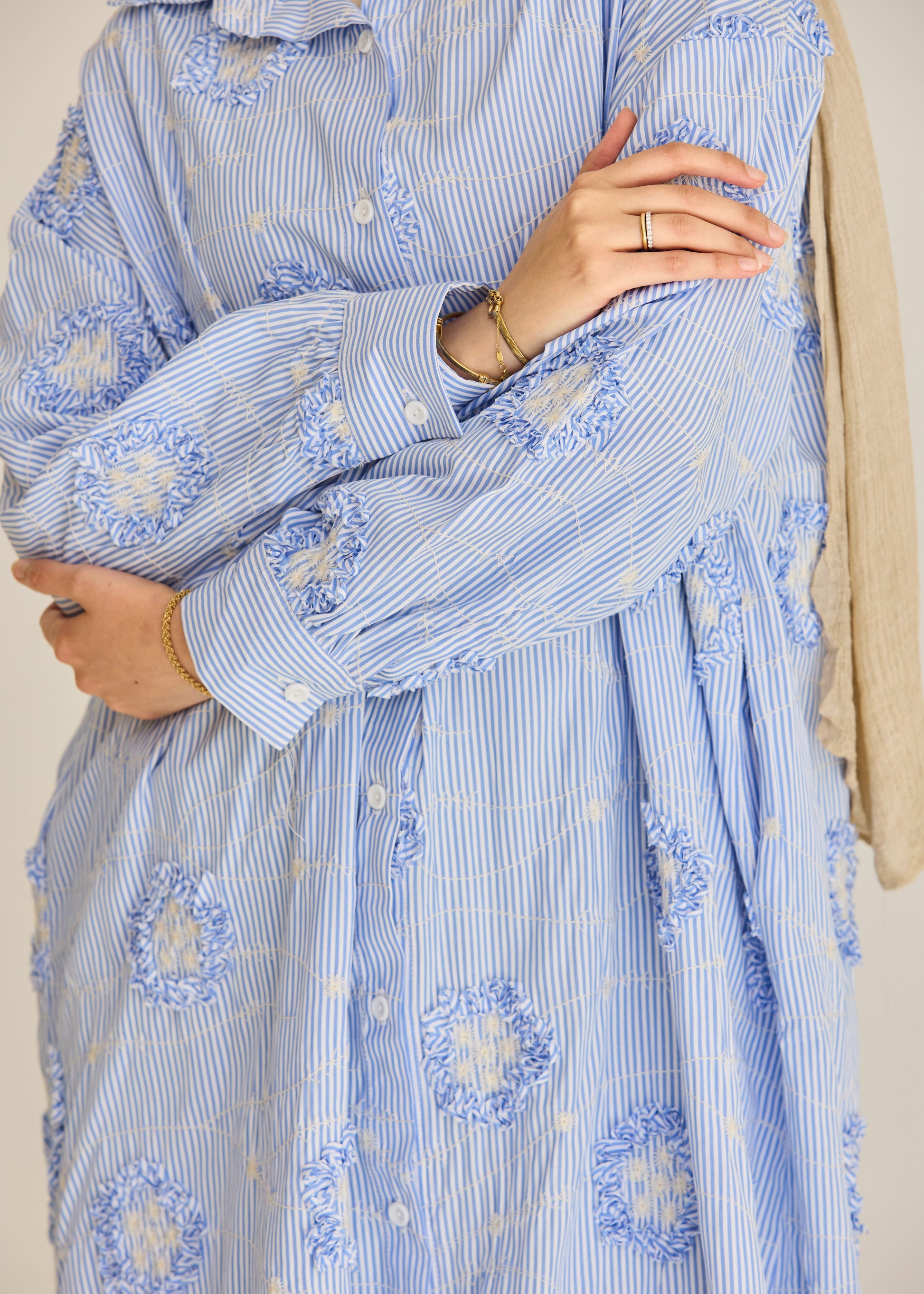 3D Floral Stripe Shirt Dress